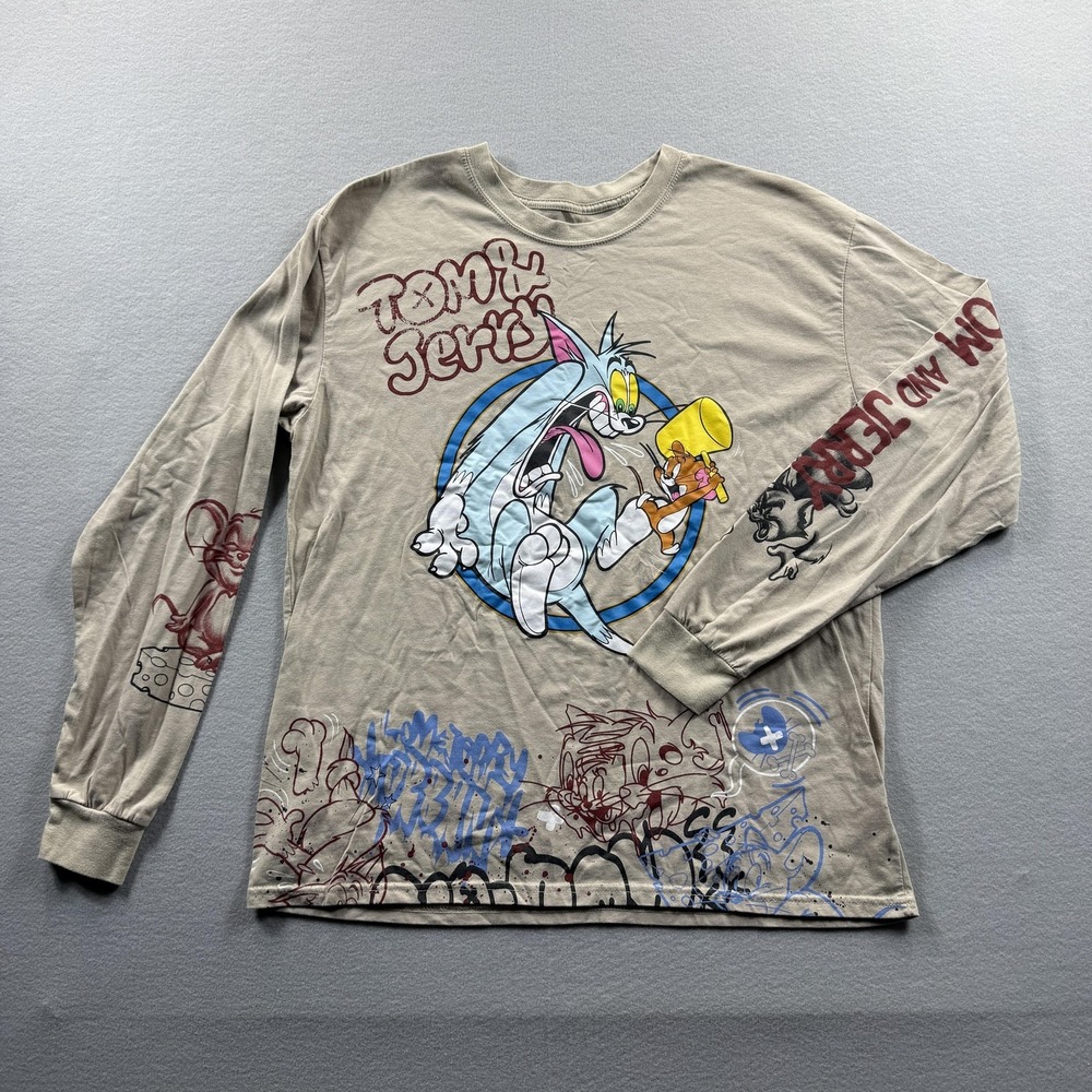 Tom And Jerry Shirt Mens XL Beige Long Sleeve Graphic Cartoon Allover Tee